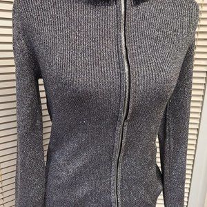 Belldini Silver Metallic Glitter Ruffle Collar Zip Up Sweater Medium